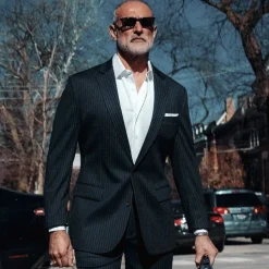 State and Liberty Athletic Fit Stretch Blazer - Knit Blue Chalk Stripe