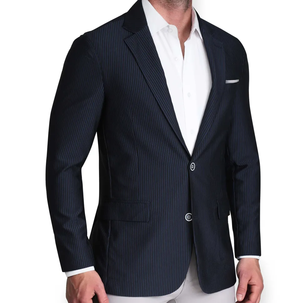 State and Liberty Athletic Fit Stretch Blazer - Navy Seersucker