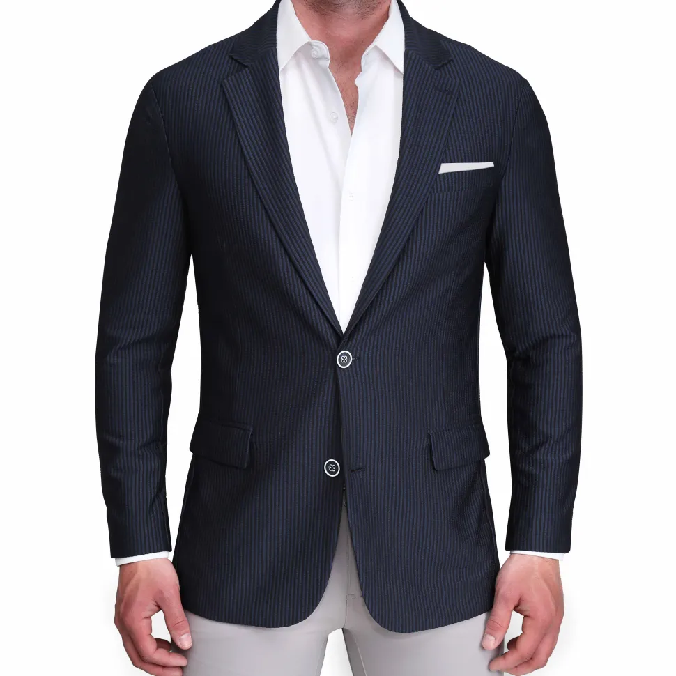 State and Liberty Athletic Fit Stretch Blazer - Navy Seersucker