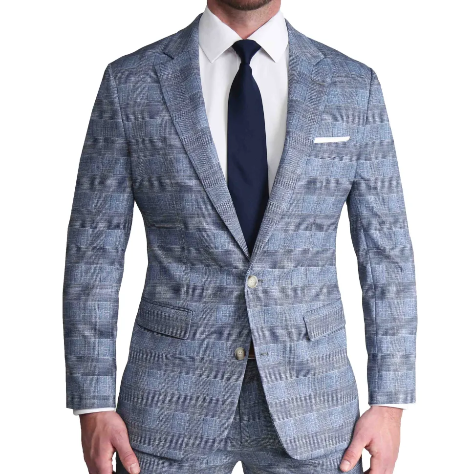 State and Liberty Athletic Fit Stretch Blazer - Knit Light Blue, Navy and White Plaid