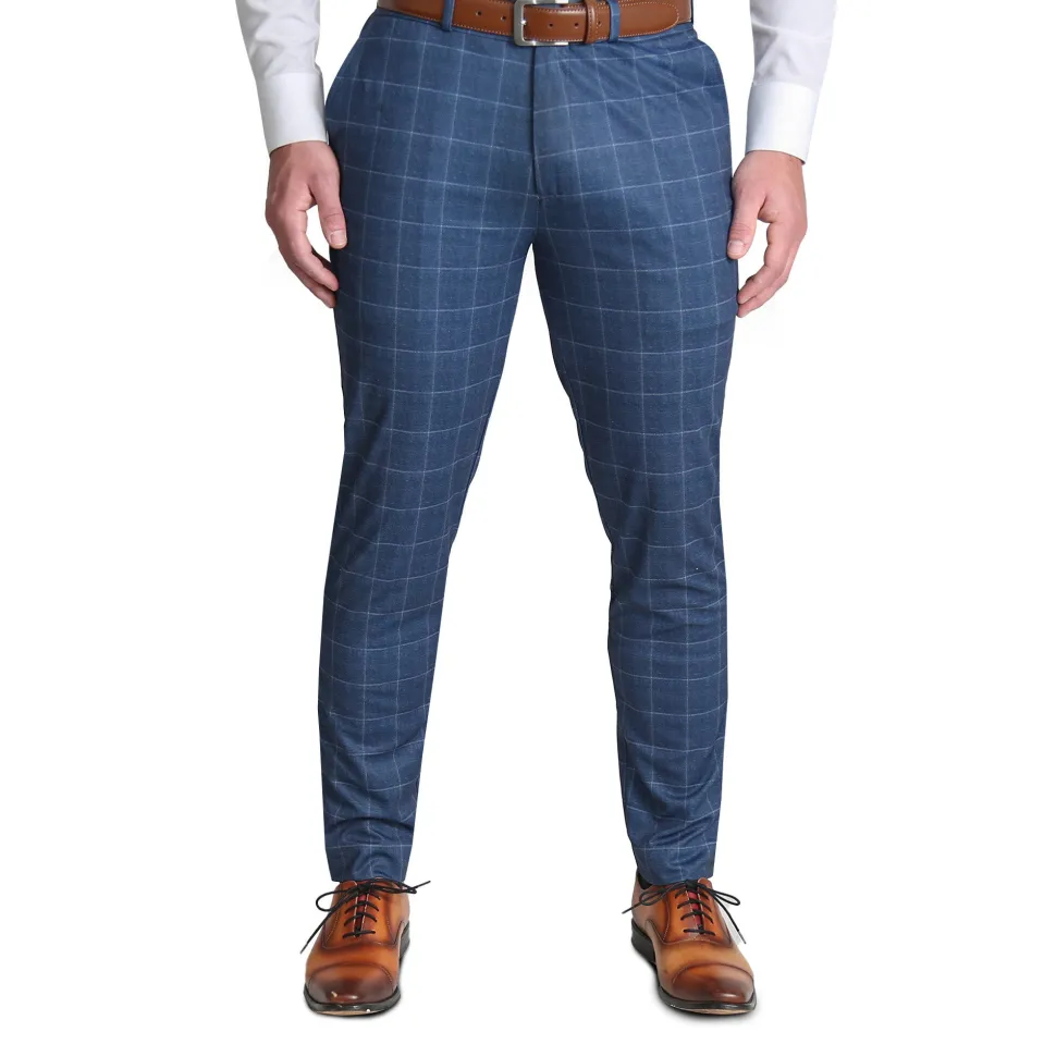State and Liberty Brushed Tech Suit Pant - Heathered Blue With White Windowpane