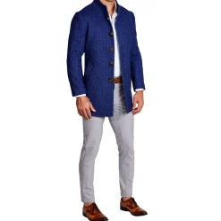 State and Liberty Cobalt Herringbone Open Button Overcoat