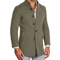 State and Liberty Olive Herringbone Open Button Overcoat