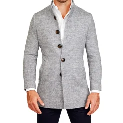 State and Liberty Open Button Overcoat - Grey Herringbone