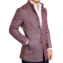 State and Liberty Open Button Overcoat - Maroon Herringbone