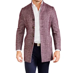 State and Liberty Open Button Overcoat - Maroon Herringbone