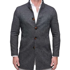 State and Liberty Open Button Overcoat - Navy & Grey Chevron