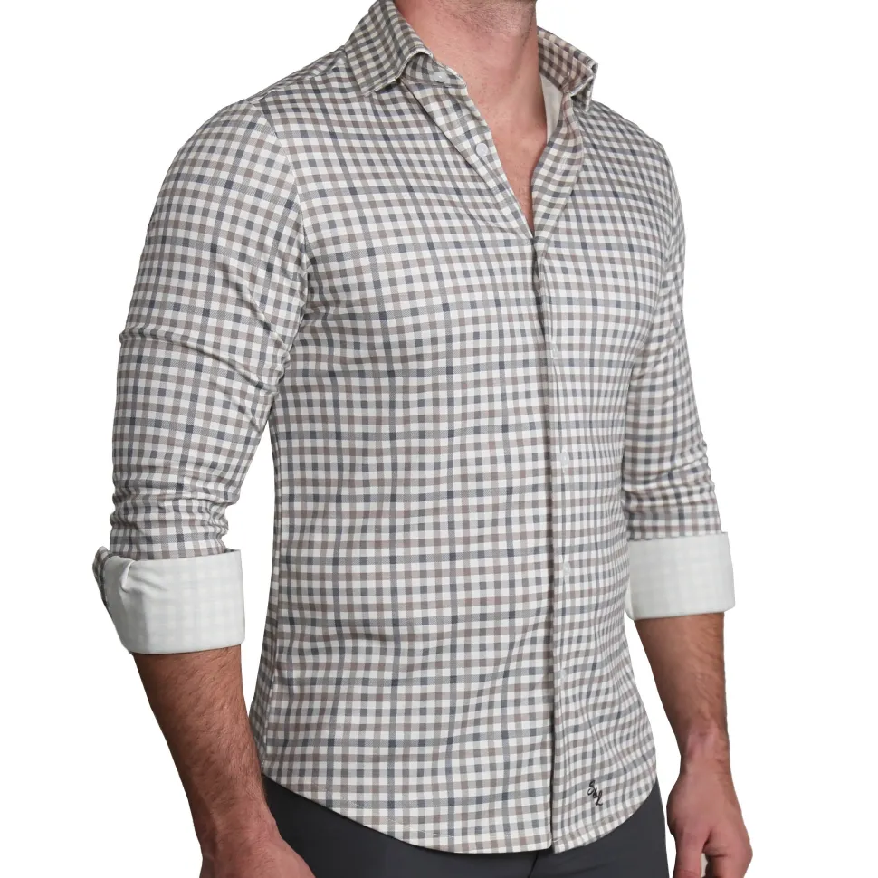 State and Liberty "The Palmer" Brown, Grey, and White Gingham Casual Button Down